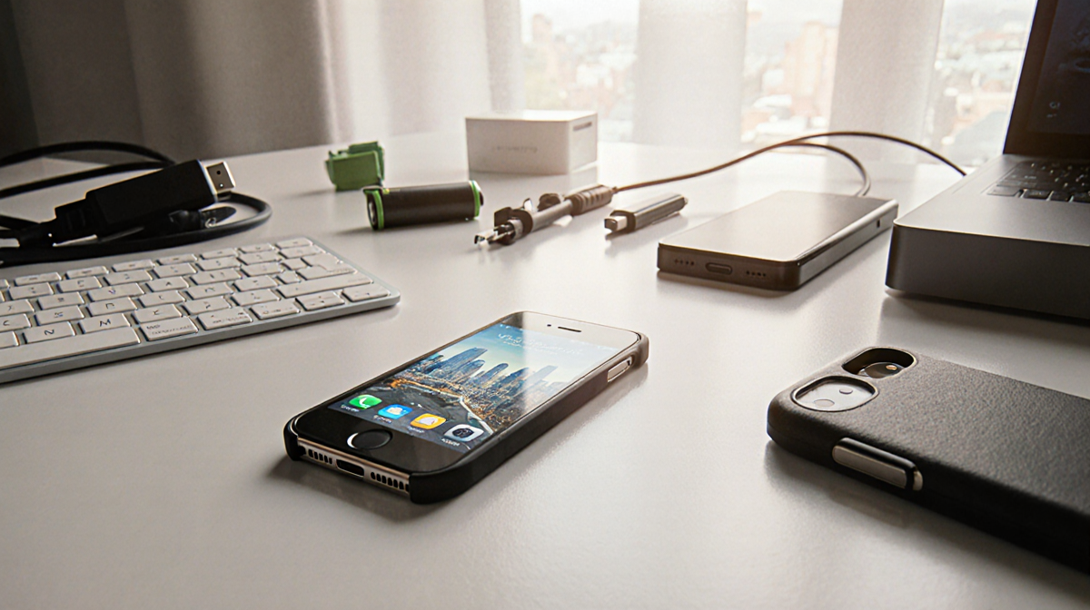 Phone sits on desk with bright cityscape on screen and natural light bathing it