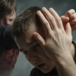 Abstract error message with text and warning symbol on plain background