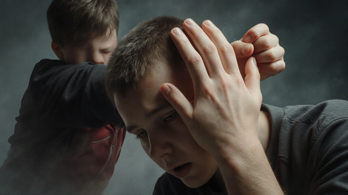 Abstract error message with text and warning symbol on plain background