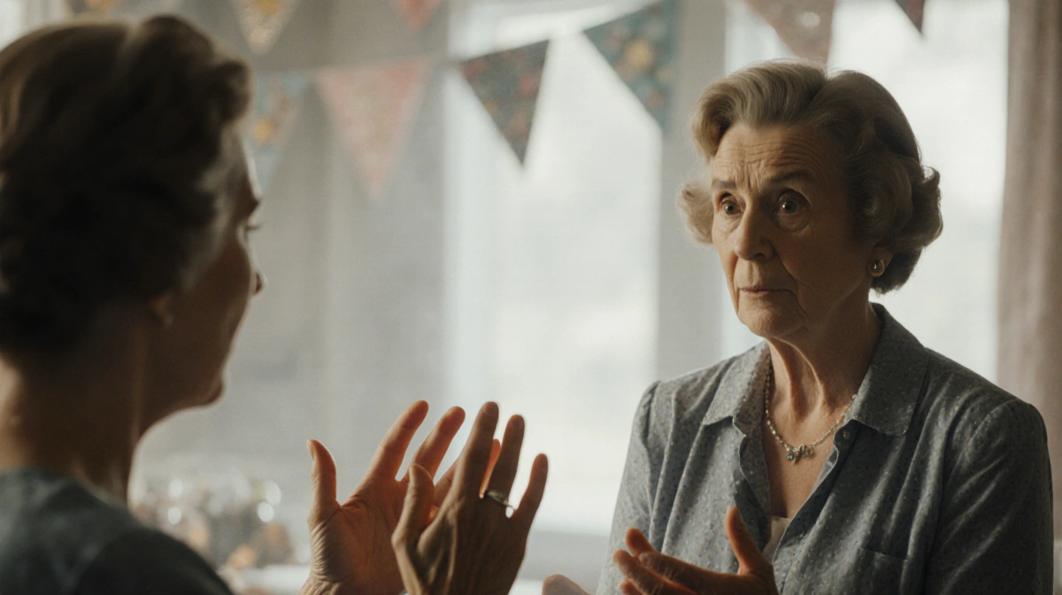 Phyllis looks shocked with hands wringing while Rhoda speaks with empathy near party decorations