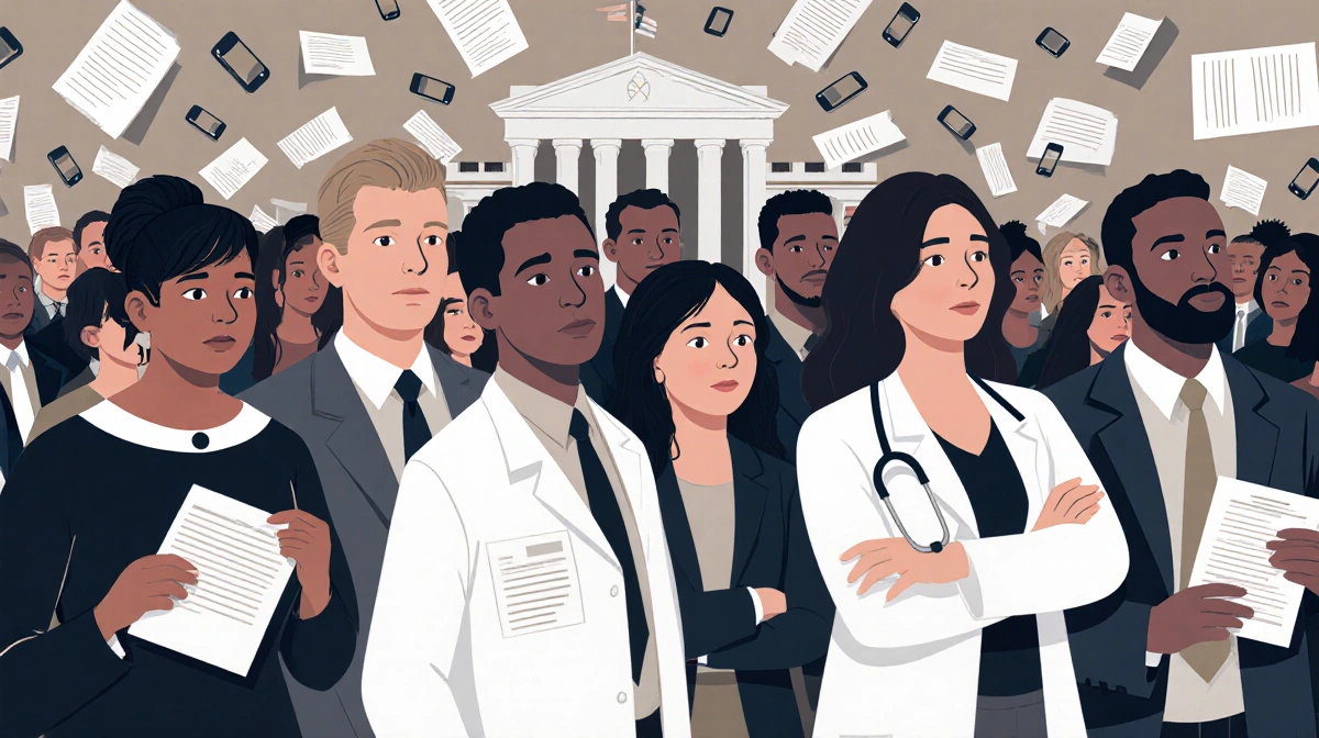 Physicians and advocates protesting funding cuts with concerned expressions and scattered papers near government building