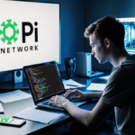 Young developer typing code on laptop with large screen showing Pi Network logo and blue ambient light