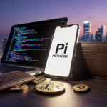 Smartphone displays Pi Network logo with cityscape at dusk and laptop shows cryptocurrency wallet and Test‑Pi tokens