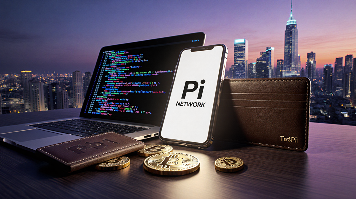 Smartphone displays Pi Network logo with cityscape at dusk and laptop shows cryptocurrency wallet and Test‑Pi tokens