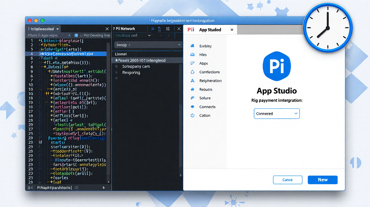 Computer screen shows payment integration code for Pi Network with a connected badge in Pi App Studio and a 9:59 timer.