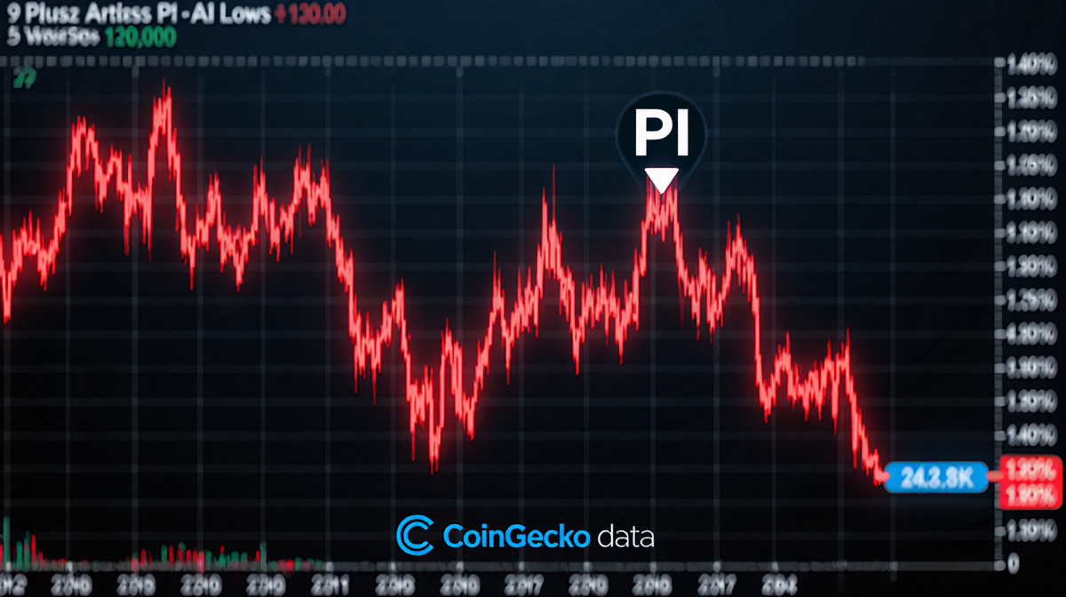 Pi Network price plummets on a dark cryptocurrency chart with a sharp downward trend line and red decline accents