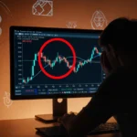Trader slumps over screen with Pi Network price chart showing flat red circle and flickering candlesticks