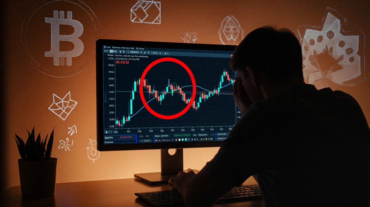 Trader slumps over screen with Pi Network price chart showing flat red circle and flickering candlesticks