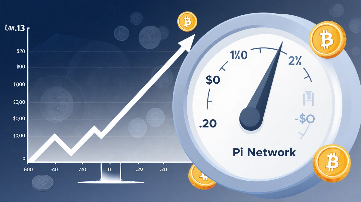 Pi coin price chart hovering near 22 cents with flat trendline and plateaued needle showing blockchain graphics
