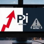 Monitor shows Pi Network PI token with red upward arrow and grey stuck warning sign reflecting cityscape