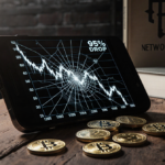 Cracked smartphone screen showing steep stock decline with reflected futuristic network and scattered Pi tokens on wood