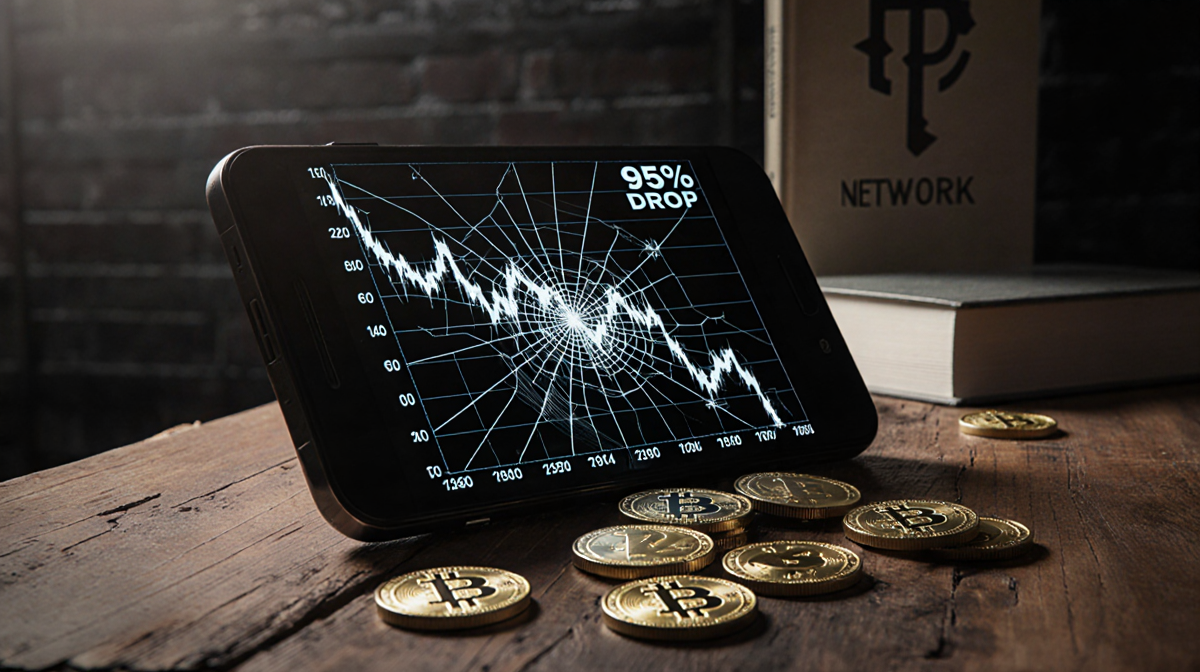 Cracked smartphone screen showing steep stock decline with reflected futuristic network and scattered Pi tokens on wood