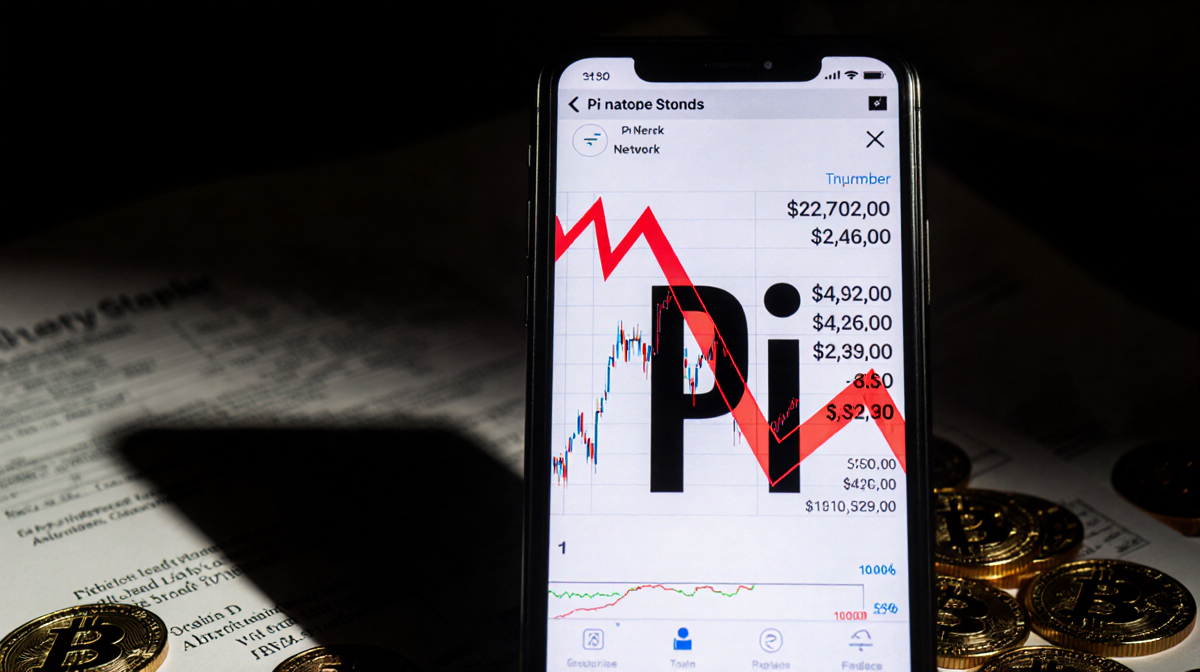 Smartphone screen shows Pi Network logo with red zero overlay with shadow and falling stock graph behind and coins scattered