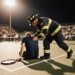 Firefighter lifting motionless coach with pickleball paddle falling and shocked crowd behind