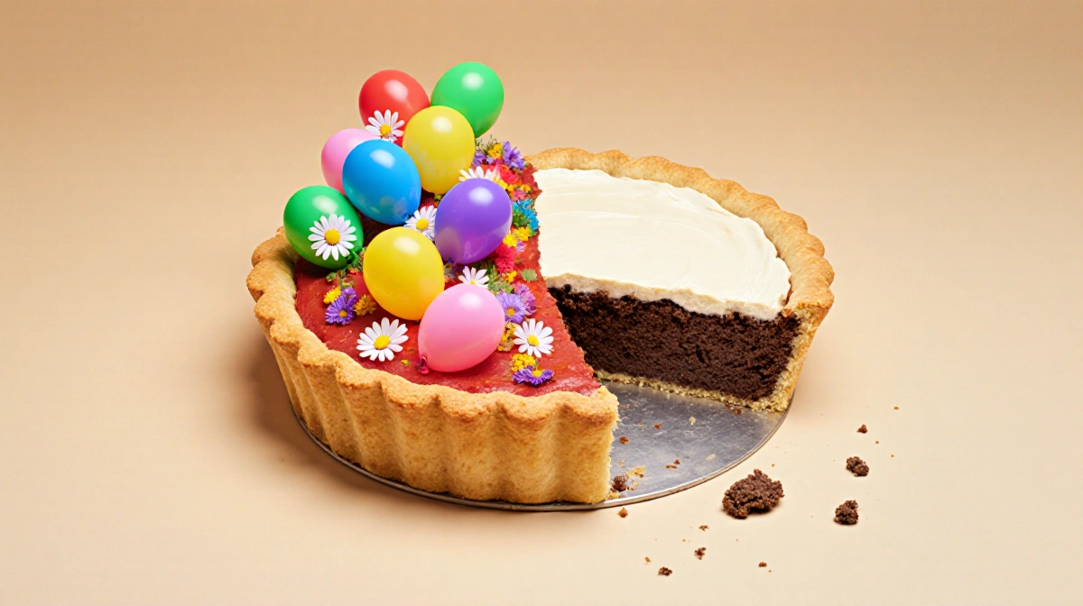 Circular pie divided into three sections with colorful balloons and flowers in one slice and two nearly empty slices showing 