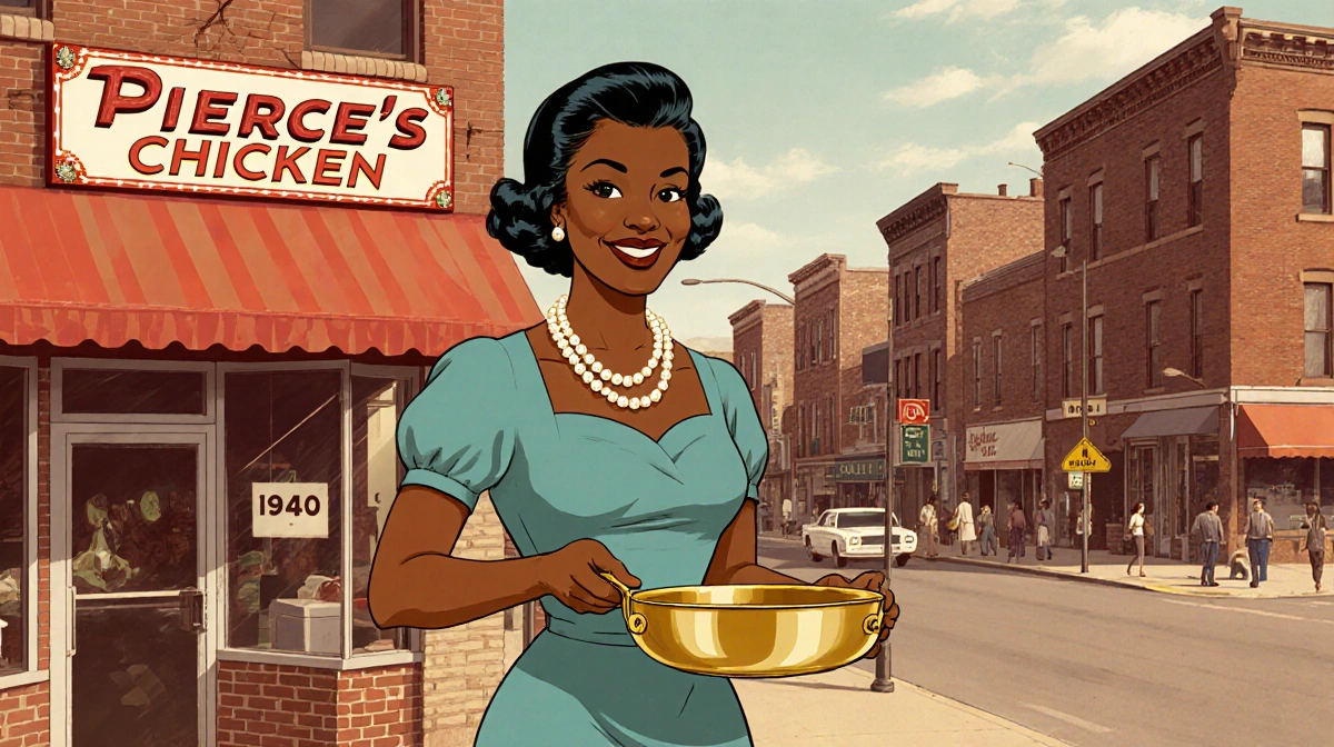 Pierce-Sherrod stands proudly with golden frying pan in front of Pierce's Chicken vintage storefront wearing 1950s dress and 