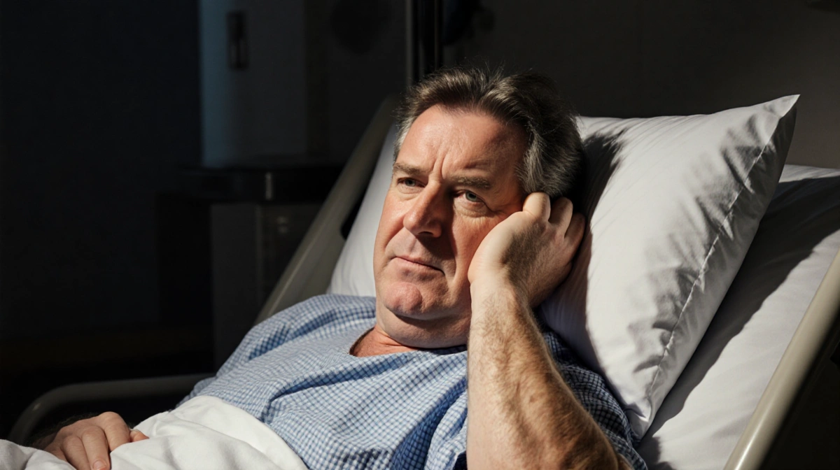 Piers Morgan lying in hospital bed with broken hip and warm lighting showing determination