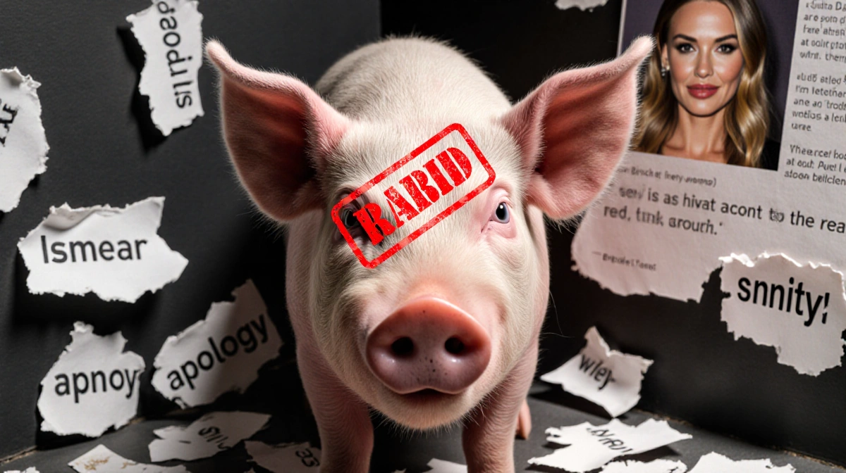 Aggressive pig roaring with a red rabid stamp and torn paper scraps marked smear and apology