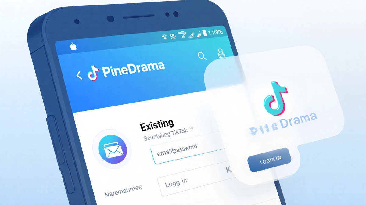 Smartphone shows PineDrama login screen with TikTok credentials and blue gradient background