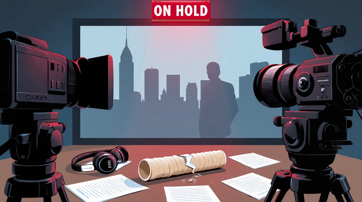 Paused TV production set shows red on hold light above camera with broken hip cast and script pages scattered on studio floor