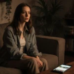 Piper Rockelle sitting alone in dimly lit living room with abandoned phone showing OnlyFans content and plants nearby
