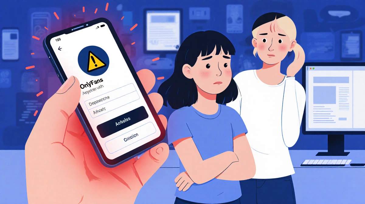 Young girl holds phone with OnlyFans app while older girl watches with concern and warning light flickering