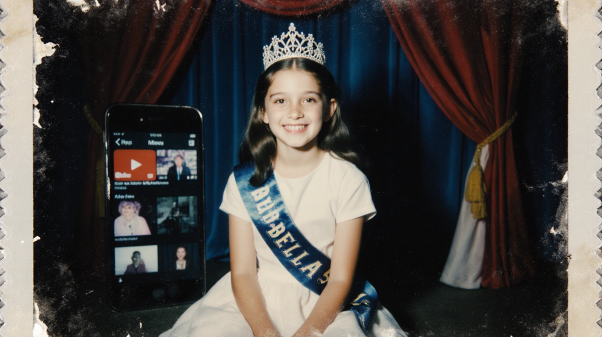 Young girl in tiara poses on miniature stage with troubled eyes and faint phone screen showing YouTube videos behind her