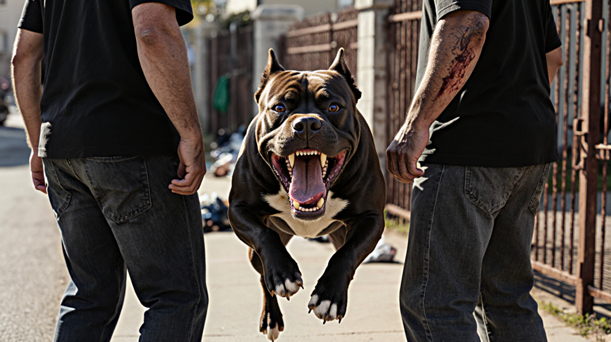 Men standing side by side with a pit bull leaping between them showing shocked faces and a bruised arm against a suburban str