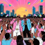 Pitbull performing with Lil Jon on Miami concert stage with pastel crowd and sunset skyline