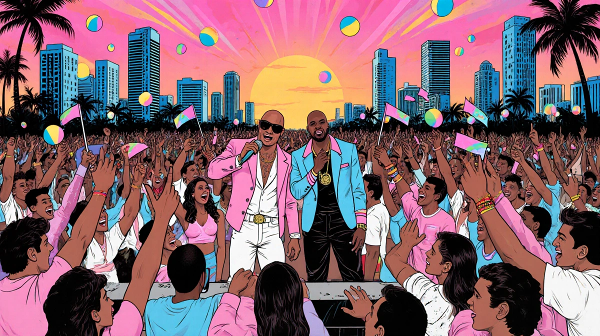 Pitbull performing with Lil Jon on Miami concert stage with pastel crowd and sunset skyline