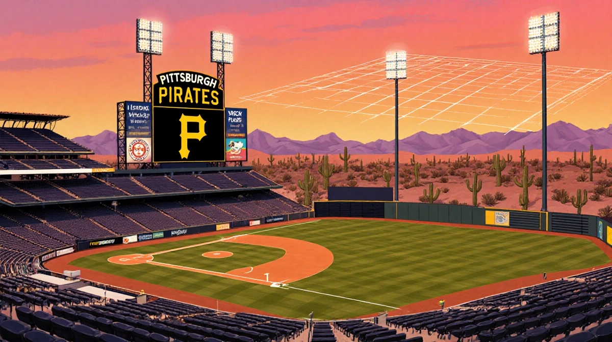 Pittsburgh Pirates scoreboard glows at sunset with football field lines merging into baseball diamond and desert-textured sea
