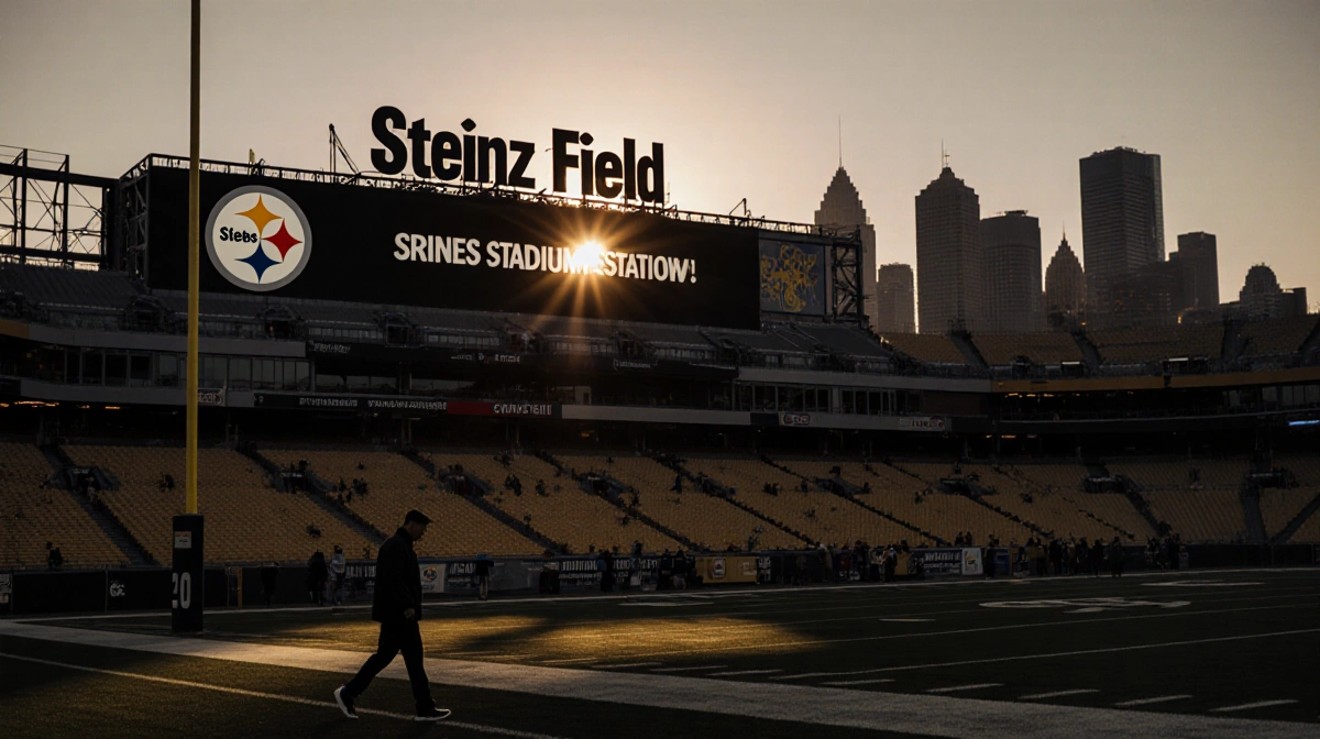 Coach Tomlin walks away from Heinz Field at dusk with empty seats and Pittsburgh skyline glowing behind