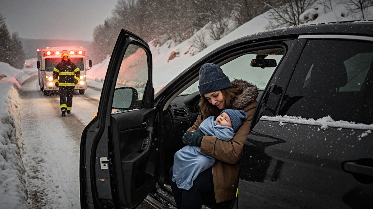 Mother cradling newborn in snowy Pittsburgh highway car with emergency responders and hospital headlights nearby