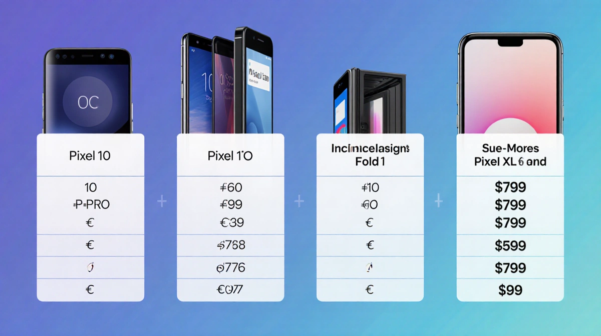 Smartphone comparison table shows Pixel 10 models with prices and Pixel 10 Pro Fold at top right