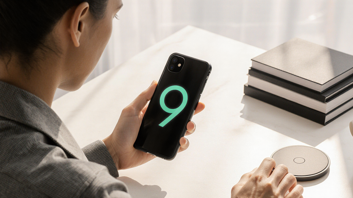 Person holding a Pixel 9 smartphone at an angle with natural light and warm glow on their face over a minimalist desk