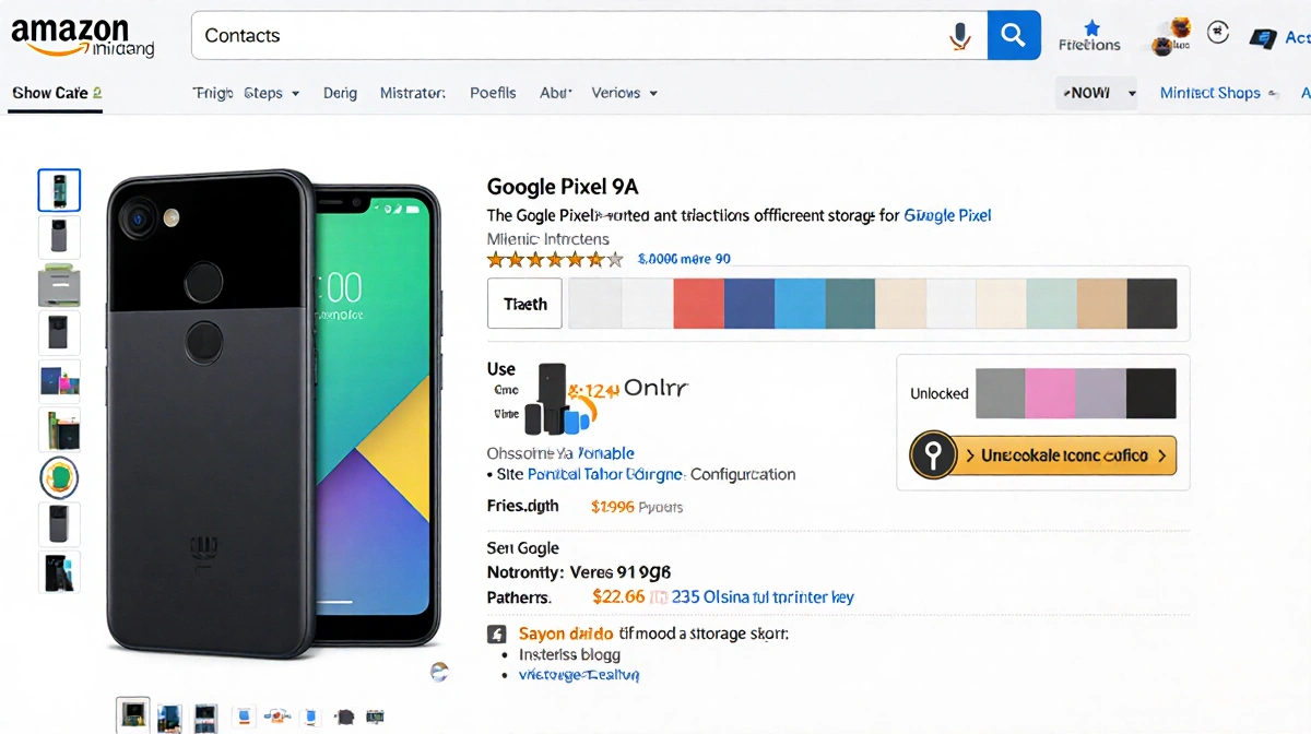 Google Pixel 9A smartphone showing storage options with color swatches and Prime badge with unlocked key icon