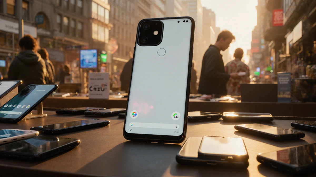 Google Pixel 10 Pro XL sits at center of discount phone display with warm lighting glowing over Pixel 9 Pro and 9A models