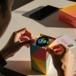 Hands unboxing Pixel Watch 4 from colorful box with smartphone and carrier logo visible in the background