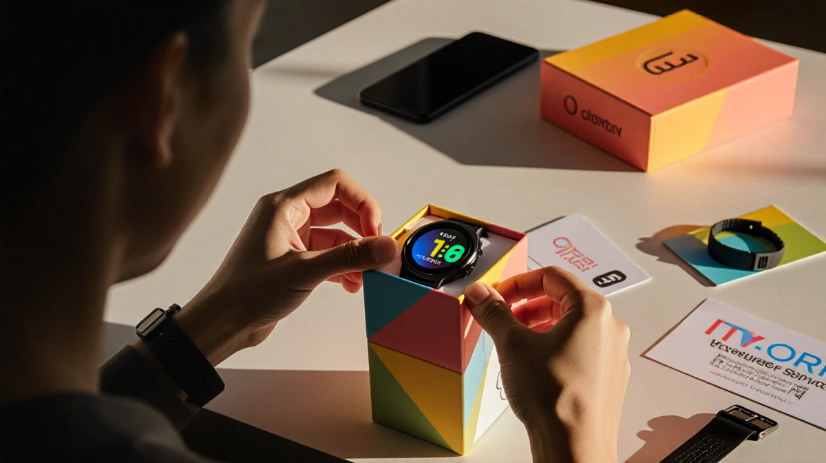Hands unboxing Pixel Watch 4 from colorful box with smartphone and carrier logo visible in the background