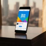 Pixel 10 smartphone shows Google AI camera promotion with golden light and blurred cityscape background