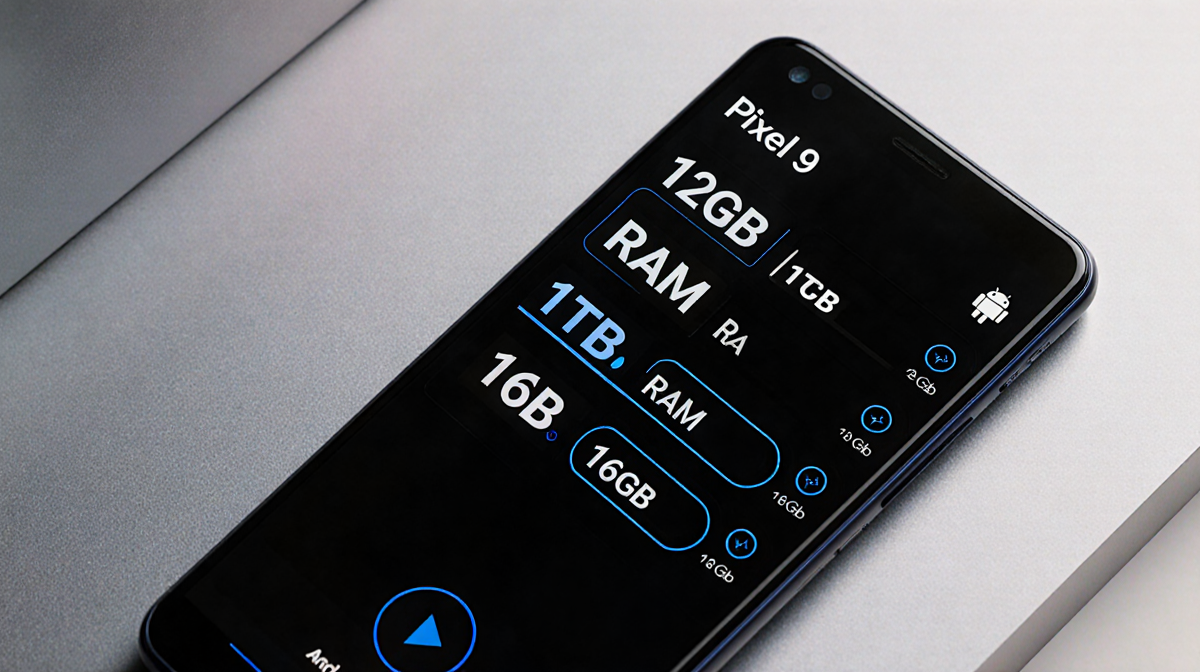 Pixel 9 smartphone displays storage and RAM options with Android logo on sleek desk.