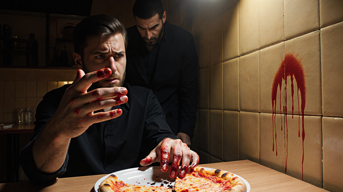 Victim reaching for a shattered pizza plate with blood‑stained fingers and a looming shadow in a dim pizzeria.