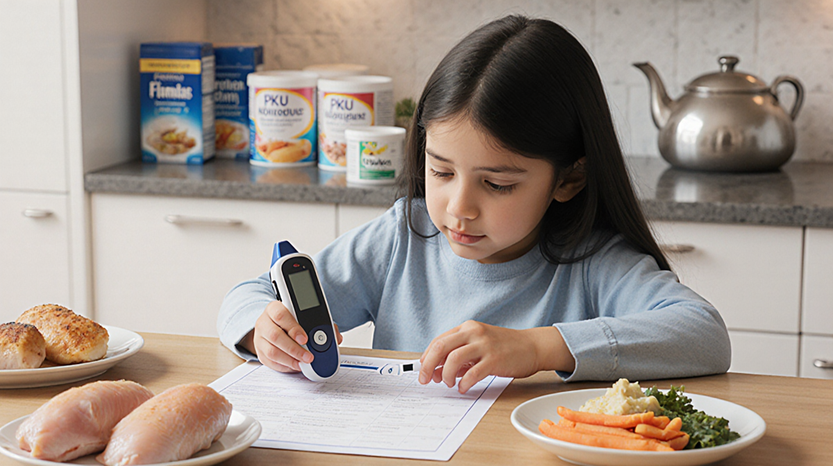 Pam sits at kitchen table with medical chart and blood glucose meter near protein-rich foods and PKU medication shelf