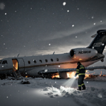 Rescue worker approaches upside‑down plane wreck with snow and flames near Bangor Airport.