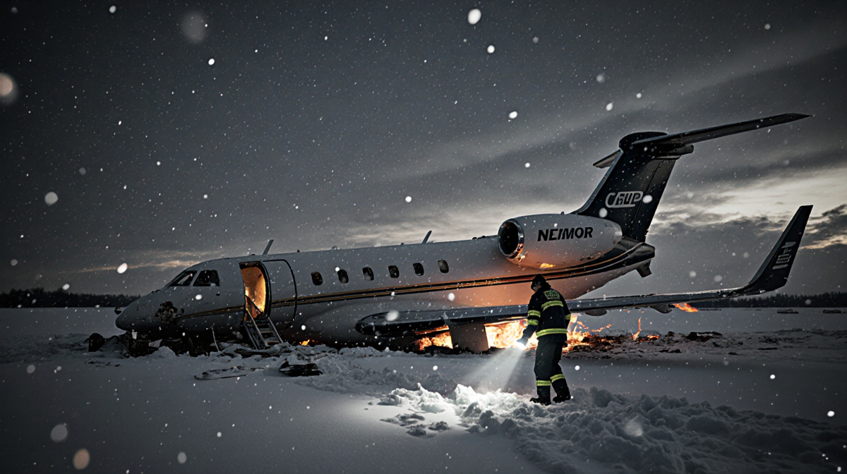 Rescue worker approaches upside‑down plane wreck with snow and flames near Bangor Airport.