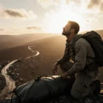 Search and rescue worker kneels beside body bag with golden sunset over crash debris trail