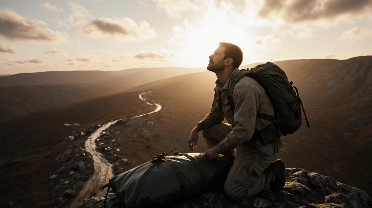 Search and rescue worker kneels beside body bag with golden sunset over crash debris trail