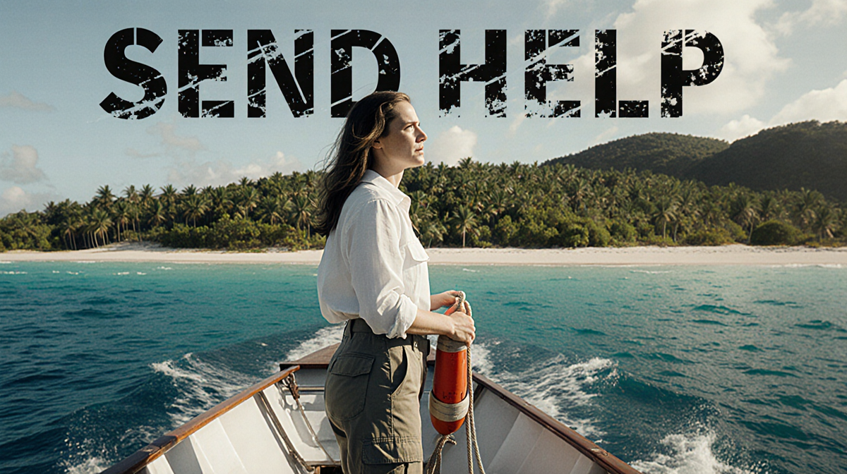 Rachel McAdams standing on ship bow holding rope with turquoise sea and lush island behind film title on waves.