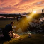 Paramedic kneels beside injured passenger at small plane crash site with police lights illuminating the wreckage and dusk sky