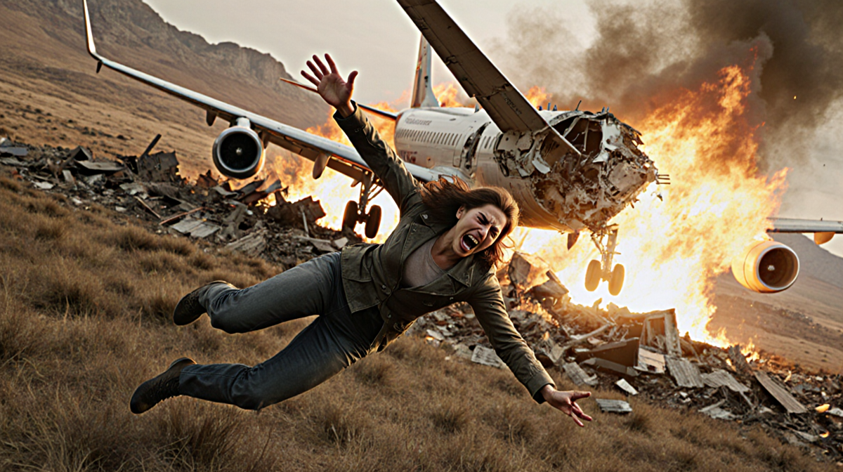Vulovic plummeting toward earth with fiery airplane wreckage and scattered debris in warm tones.